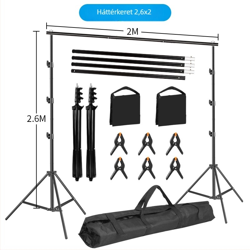 Háttérkeret termékfotózáshoz – fém- vagy vascső váz; súly 3 kg+; tartozékok: állvány, csipeszek és táska
