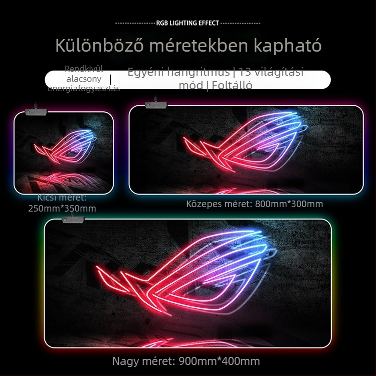 RGB világító gamer egérpad, extra nagy méretű, 300x800 mm, USB hub