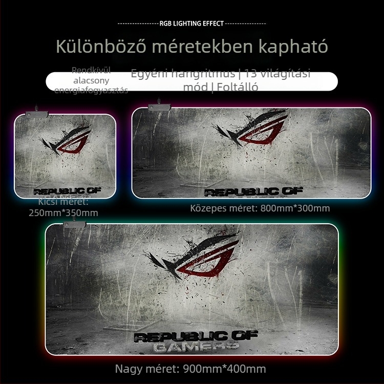 RGB világító gamer egérpad, extra nagy méretű, 300x800 mm, USB hub