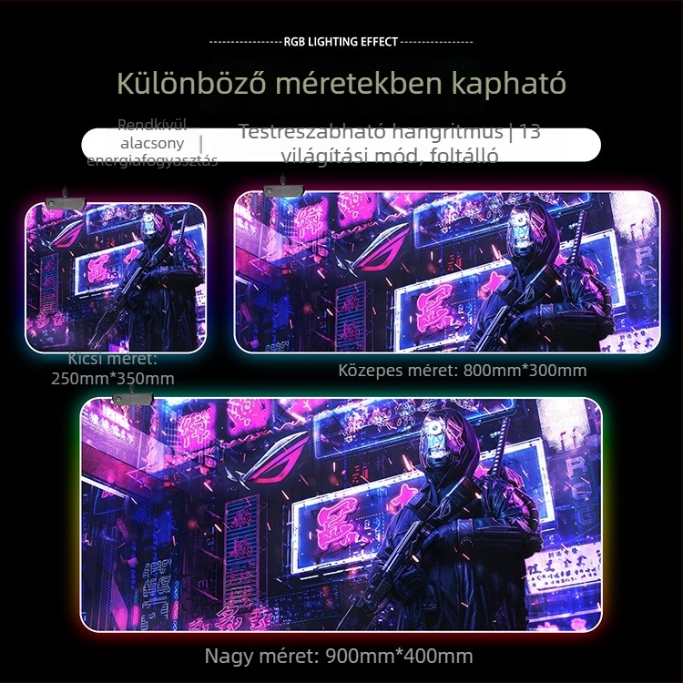 RGB világító gamer egérpad, extra nagy méretű, 300x800 mm, USB hub