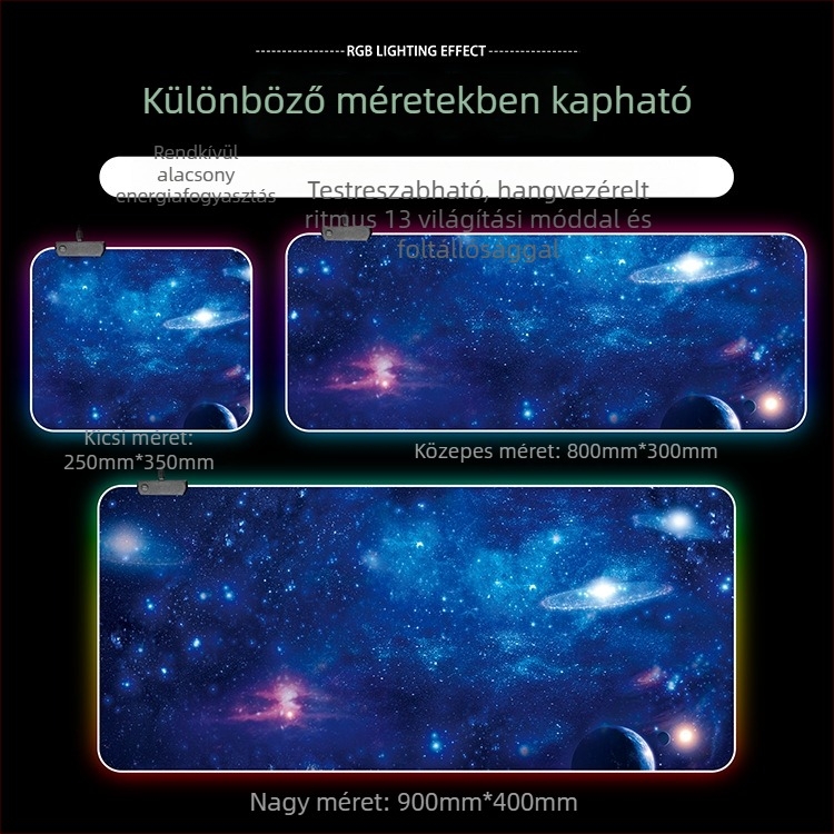 RGB világító gamer egérpad, extra nagy méretű, 300x800 mm, USB hub
