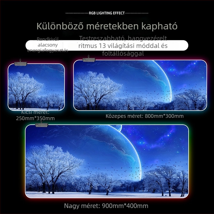 RGB világító gamer egérpad, extra nagy méretű, 300x800 mm, USB hub