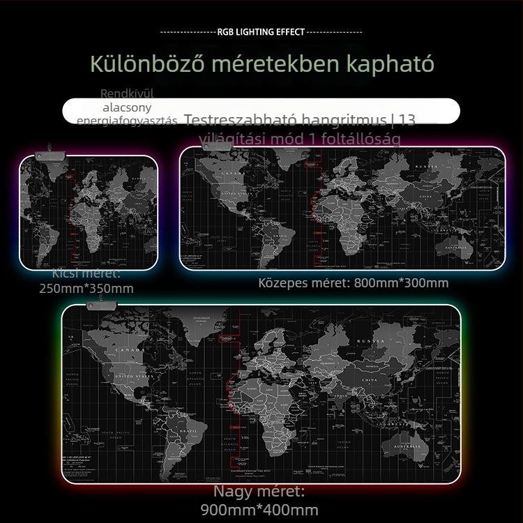 RGB világító gamer egérpad, extra nagy méretű, 300x800 mm, USB hub