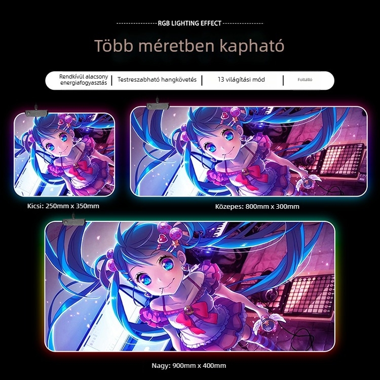 RGB világító gamer egérpad, extra nagy méretű, 300x800 mm, USB hub