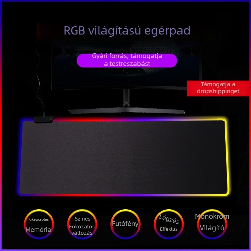 RGB világító gamer egérpad, extra nagy méretű, 300x800 mm, USB hub
