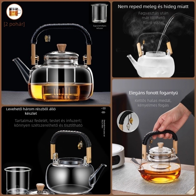 Üvegből készült teáskanna, magas hőállóságú, kapacitás 4 L vagy több, 380 V / 1000 W, számítógépes vezérlés