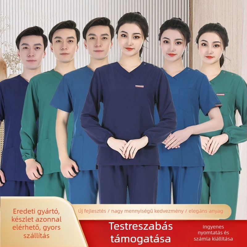Uniszex orvosi scrub szett – gyorsan száradó, anti-statikus, rövid ujjú V-nyakú felső és nadrág, poliészter-spandex keverék (≥95% poliészter), nedvességelvezetés