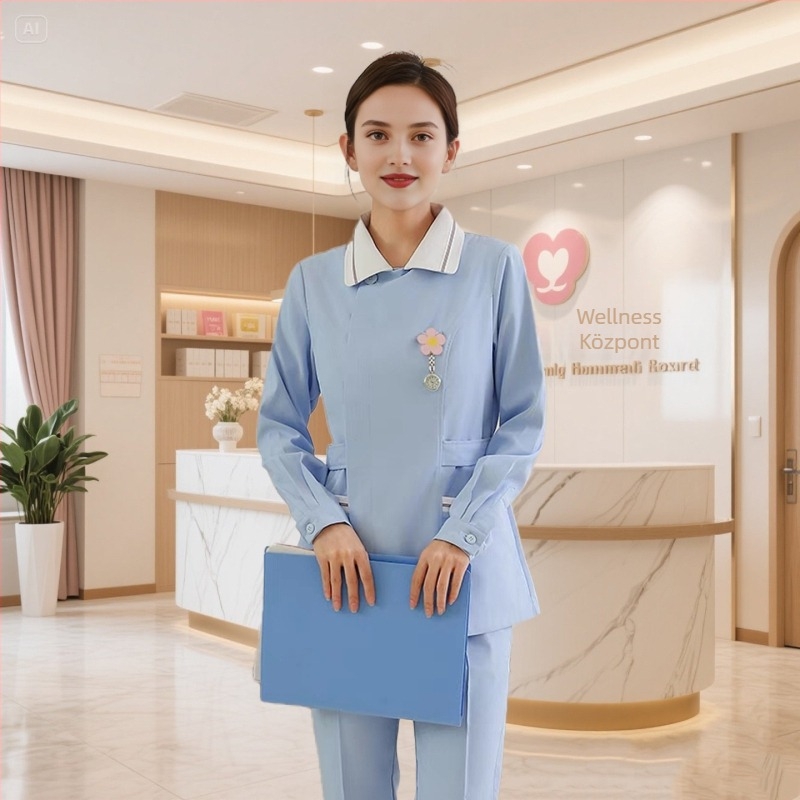 Ápolónői két részes egyenruha – Felső és alsó, rövid ujjú, kerek nyak, nedvességelvezető pamut-polyészter keverék (Pamut 30–50%, Poliészter 50–70%; Normál ujjhossz; Standard hossz)