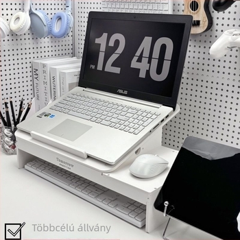 Laptop állvány, emelt kialakítású, műanyagból készült, forgó alap, asztali rendező