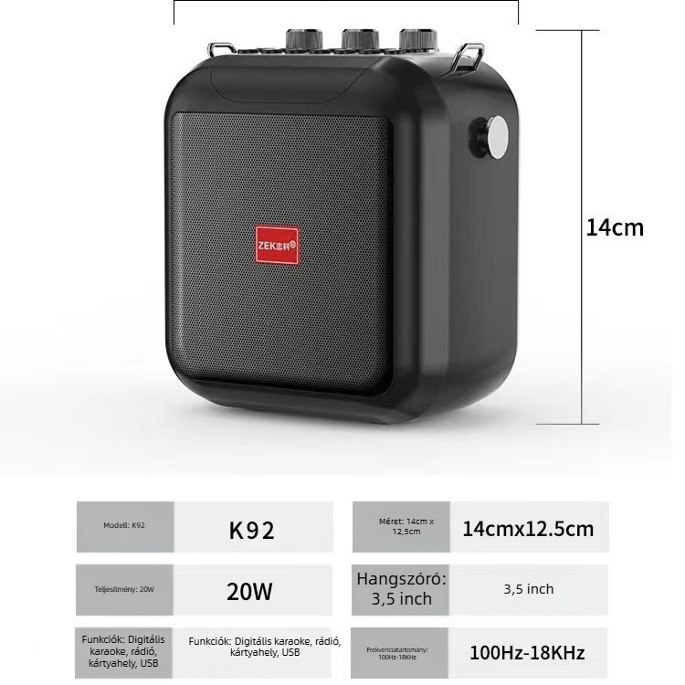 Zhike K92 hordozható Bluetooth karaoké hangszóró, 15 W, Bluetooth 5.0, beépített 4000–6000 mAh akkumulátor, 100 Hz–20 kHz frekvencia-válasz, SNR ≥70 dB