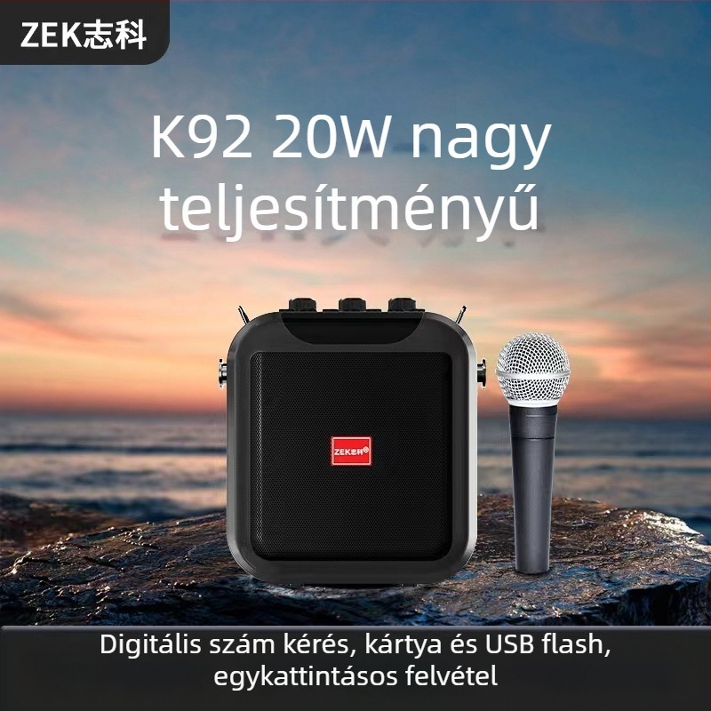 Zhike K92 hordozható Bluetooth karaoké hangszóró, 15 W, Bluetooth 5.0, beépített 4000–6000 mAh akkumulátor, 100 Hz–20 kHz frekvencia-válasz, SNR ≥70 dB