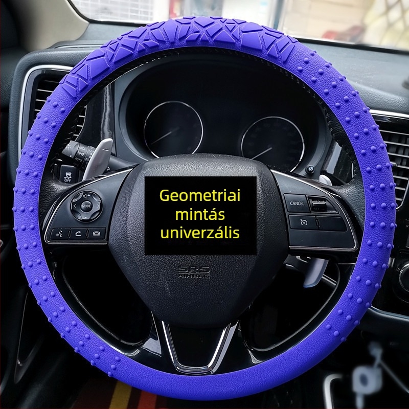 Geometriai mintázatú csúszásmentes szilikon kormányvédő, univerzális D-formájú kormányhoz, rugalmas szemcsés textúra, megerősített UV-védelem