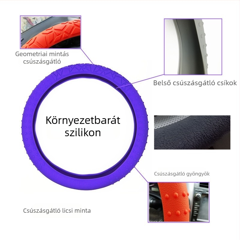 Geometriai mintázatú csúszásmentes szilikon kormányvédő, univerzális D-formájú kormányhoz, rugalmas szemcsés textúra, megerősített UV-védelem