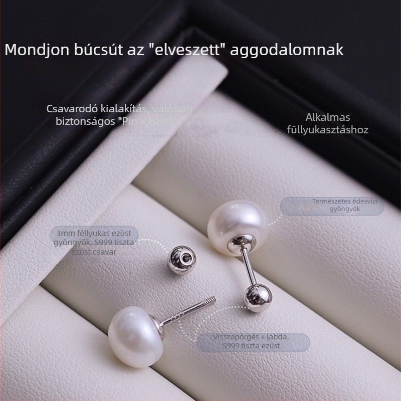 Ezüst fülbevalók természetes édesvízi gyöngyökkel és csavaros záródással, minimalist geometriai dizájn, S999 tiszta ezüst