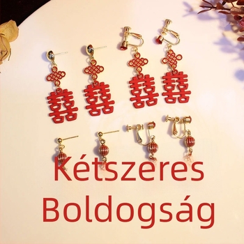 Fülbevalók - Kettős boldogság motívum, kínai esküvői stílus, kézzel készített ötvözet ékszer, Yiwu eredet, természetes stílus, friss és édes