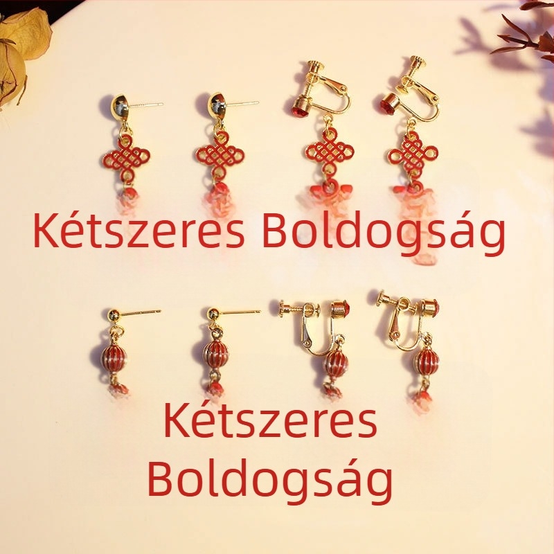 Fülbevalók - Kettős boldogság motívum, kínai esküvői stílus, kézzel készített ötvözet ékszer, Yiwu eredet, természetes stílus, friss és édes