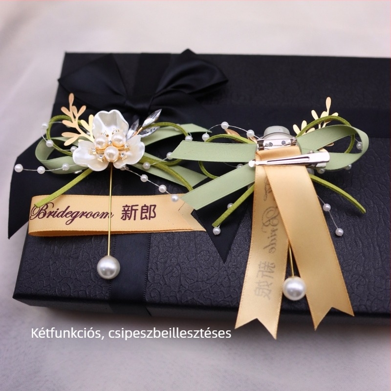 Esküvői gomblyuk- és csuklós virág, kézzel készített szalagból, japán stílus, 1 darab