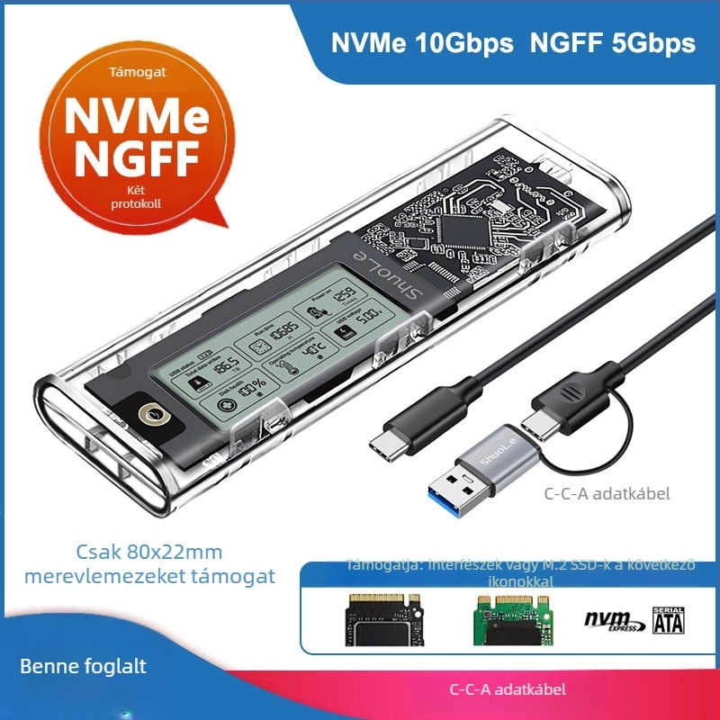M.2 NVMe/NGFF kettős protokoll SSD ház, intelligens digitális kijelzővel az SSD egészségi állapotának megfigyelésére, USB 3.2 Gen2 Type-C, 10 Gbps, akár 4 TB-ig