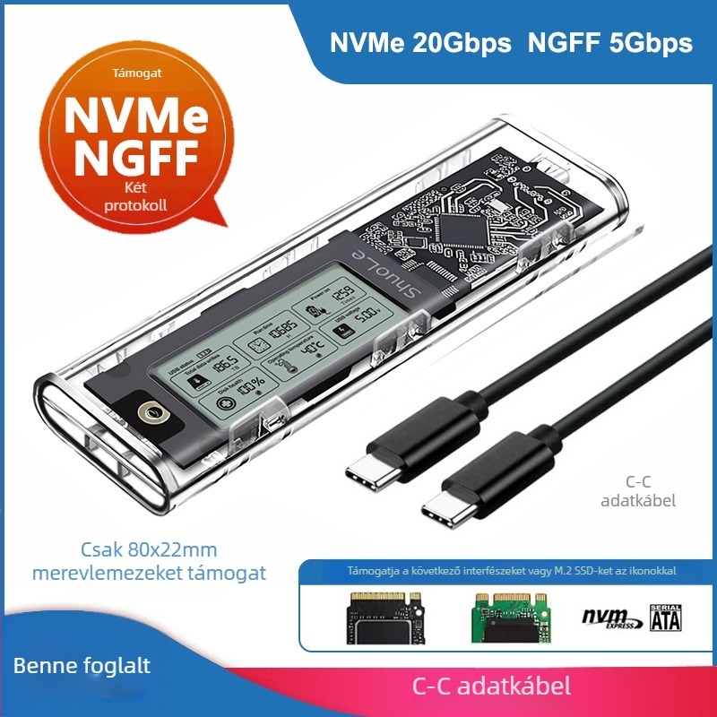 M.2 NVMe/NGFF kettős protokoll SSD ház, intelligens digitális kijelzővel az SSD egészségi állapotának megfigyelésére, USB 3.2 Gen2 Type-C, 10 Gbps, akár 4 TB-ig