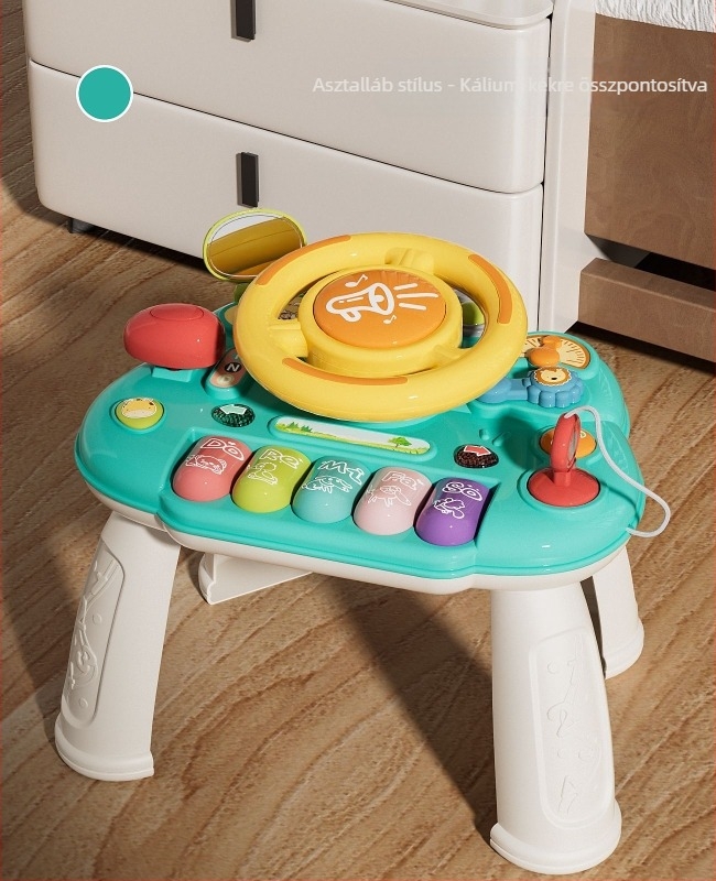 Többfunkciós kormányos játékasztal az óvodai oktatás számára — műanyag, elemmel működő, zene és hang funkciókkal, 0–3 éveseknek