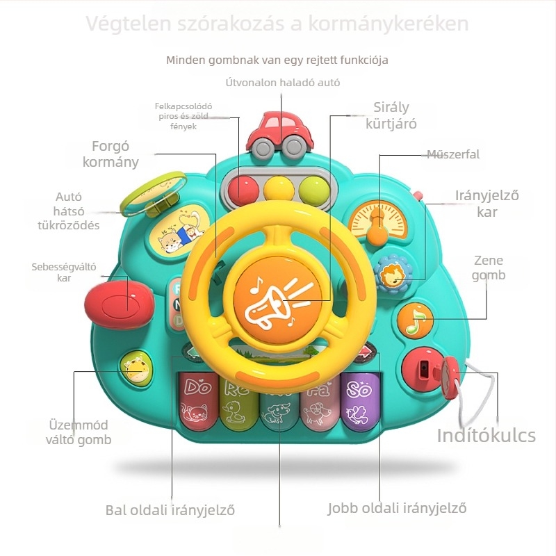 Többfunkciós kormányos játékasztal az óvodai oktatás számára — műanyag, elemmel működő, zene és hang funkciókkal, 0–3 éveseknek