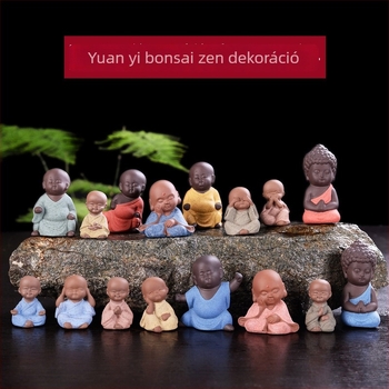 Bonsai mini táj kerámiafigurák – négy kis szerzetes, kézzel készített, purpurszínű agyagból, kínai stílus