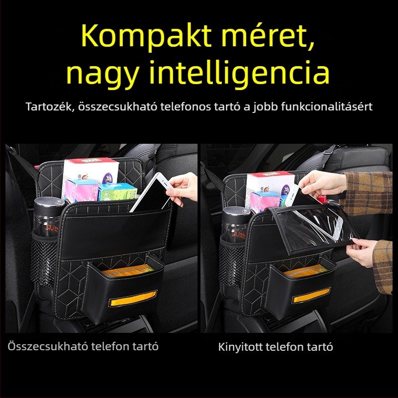 Bőr középső ülésre szánt tároló táska, kétoldalas autóorganizátor, érintőképernyős zsebbel; vízálló, tömörítésálló, logóval testre szabható