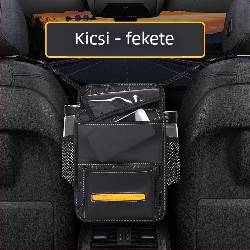 Bőr középső ülésre szánt tároló táska, kétoldalas autóorganizátor, érintőképernyős zsebbel; vízálló, tömörítésálló, logóval testre szabható
