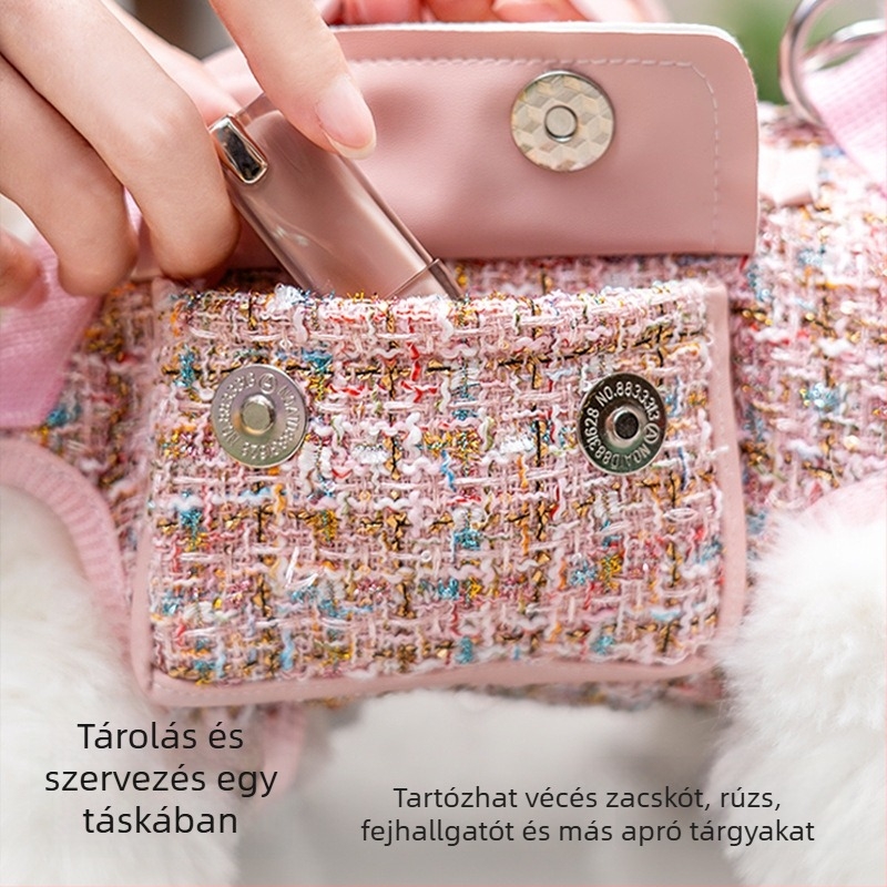 Kutyáknak és macskáknak szánt sétatáshoz tervezett táska, tweed-stílusú, crossbody, könnyű, Hanchen márka. Anyag: speciális anyagok; Dizájn: diszkrét illat; Keménység: közepesen puha