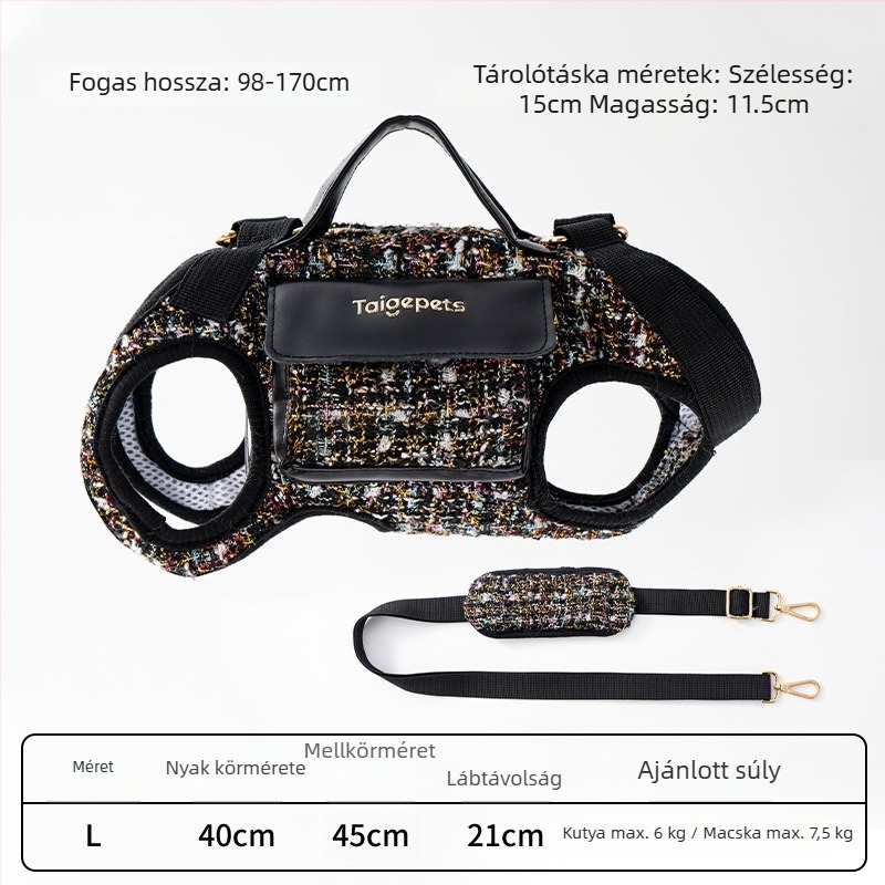 Kutyáknak és macskáknak szánt sétatáshoz tervezett táska, tweed-stílusú, crossbody, könnyű, Hanchen márka. Anyag: speciális anyagok; Dizájn: diszkrét illat; Keménység: közepesen puha