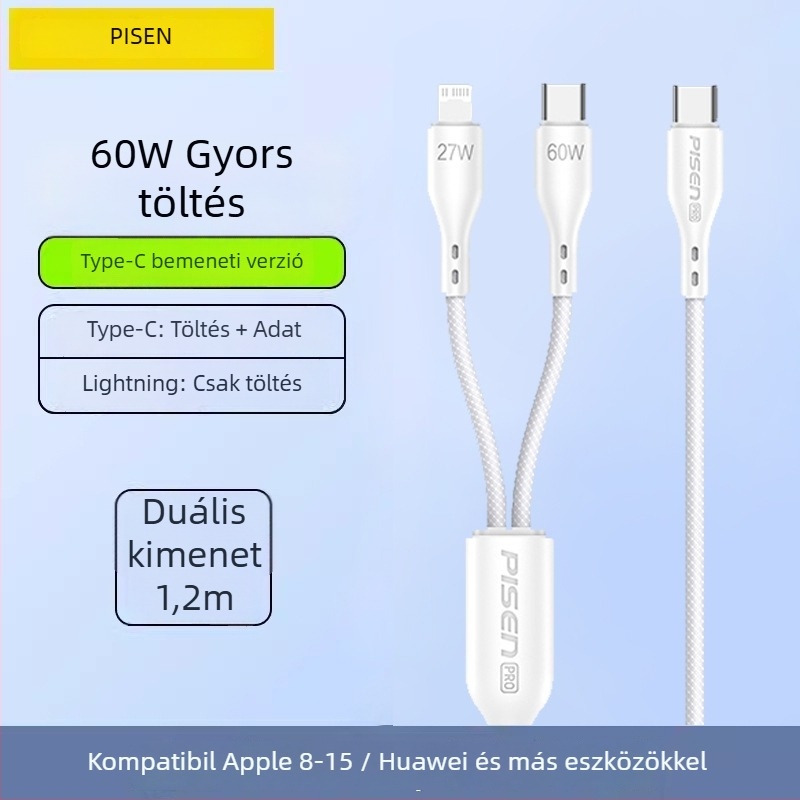 Pisen USB-C 2-in-1 adatkábel, gyors töltés, alumíniumötvözet, 100W kimenet, Type-C csatlakozó