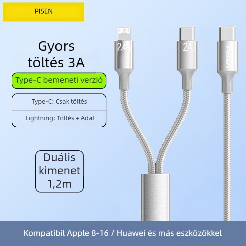 Pisen USB-C 2-in-1 adatkábel, gyors töltés, alumíniumötvözet, 100W kimenet, Type-C csatlakozó