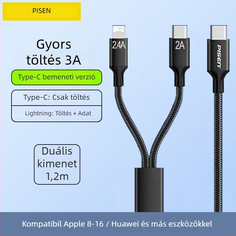 Pisen USB-C 2-in-1 adatkábel, gyors töltés, alumíniumötvözet, 100W kimenet, Type-C csatlakozó