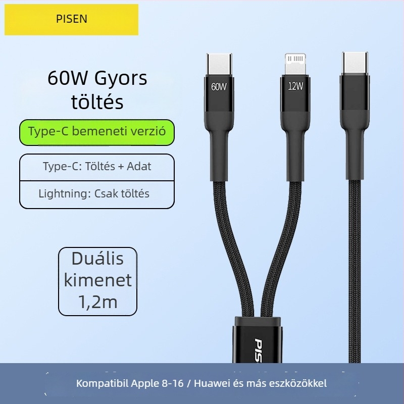 Pisen USB-C 2-in-1 adatkábel, gyors töltés, alumíniumötvözet, 100W kimenet, Type-C csatlakozó