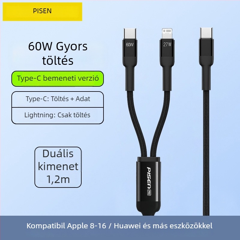 Pisen USB-C 2-in-1 adatkábel, gyors töltés, alumíniumötvözet, 100W kimenet, Type-C csatlakozó