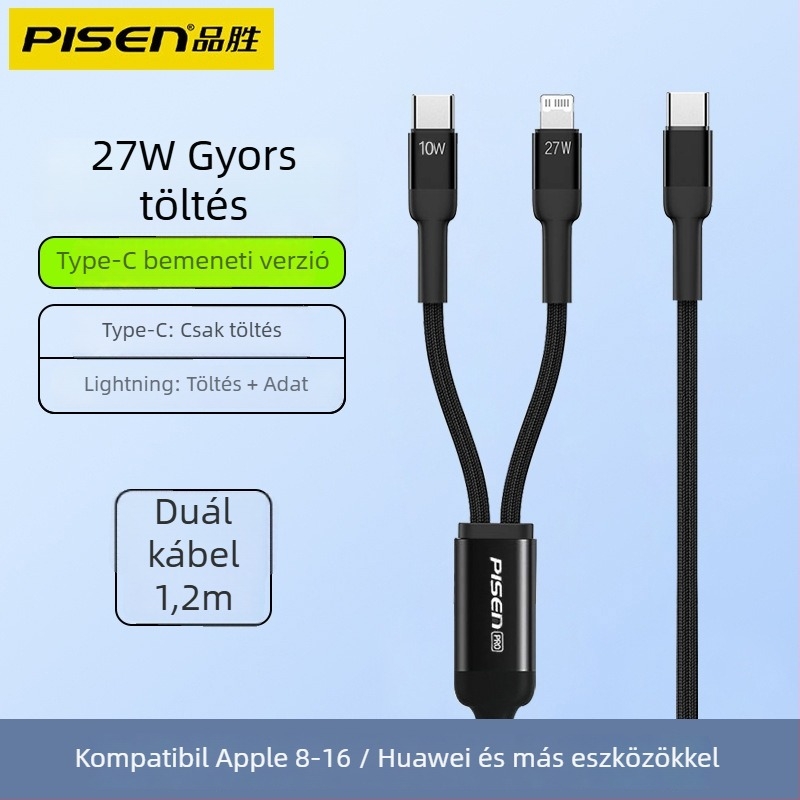 Pisen USB-C 2-in-1 adatkábel, gyors töltés, alumíniumötvözet, 100W kimenet, Type-C csatlakozó