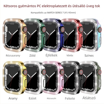 Apple Watch tok 7/8/9/S10/S11, PC elektroplatált, dupla kristály sor díszítés, integrált védőfilm