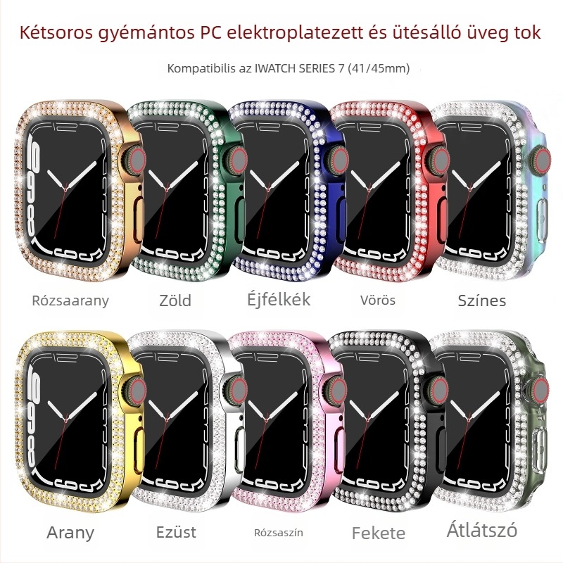Apple Watch tok 7/8/9/S10/S11, PC elektroplatált, dupla kristály sor díszítés, integrált védőfilm