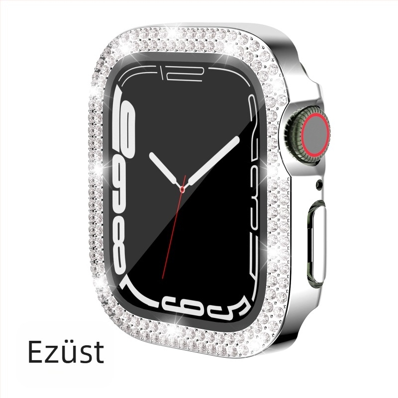 Apple Watch tok 7/8/9/S10/S11, PC elektroplatált, dupla kristály sor díszítés, integrált védőfilm