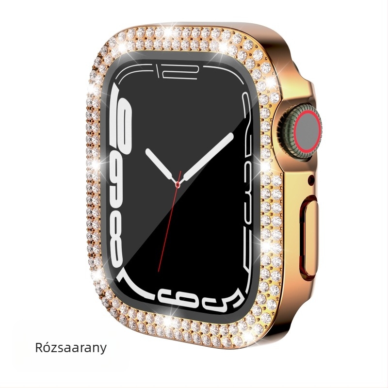 Apple Watch tok 7/8/9/S10/S11, PC elektroplatált, dupla kristály sor díszítés, integrált védőfilm