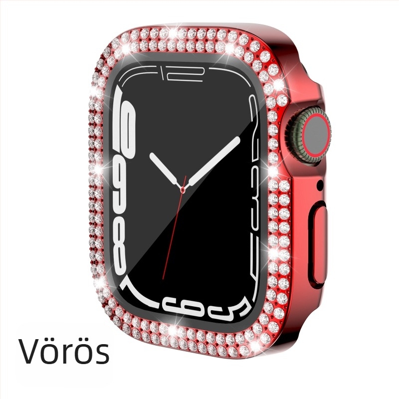 Apple Watch tok 7/8/9/S10/S11, PC elektroplatált, dupla kristály sor díszítés, integrált védőfilm