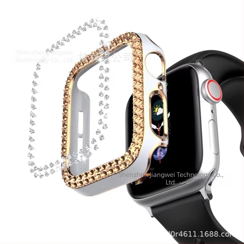 Apple Watch S98-hez PC anyagú tokozás, kettős soros gyémánt díszítés és lézergravírozott kivágások