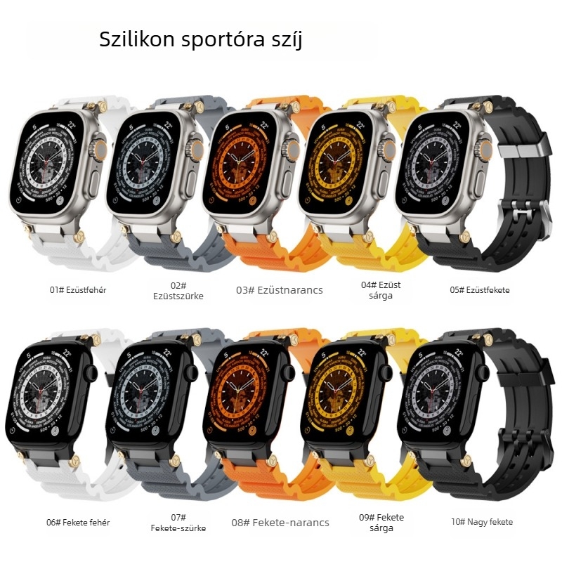 Apple iWatch 11-hez készült óraszíj, szilikon sportos kialakítás, dupla csattal és rozsdamentes acél fejjel (Anyag: 316L rozsdamentes acél + magas erősségű szilikon; Kompatibilitás: Apple iWatch 11; Csatt: dupla; Fej: rozsdamentes acél)