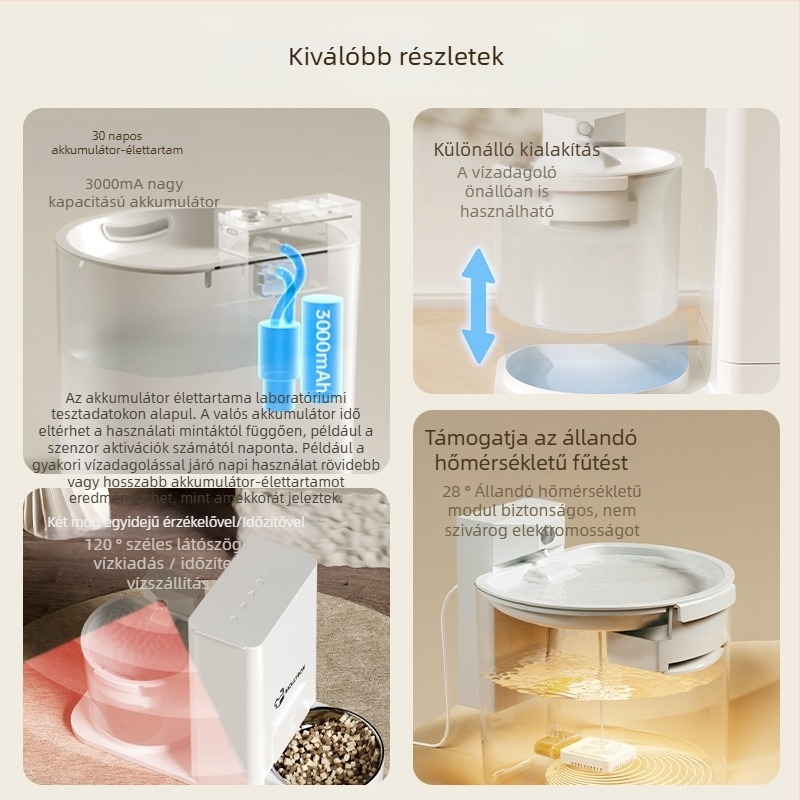 Macska víz- és etető automatika — mindent egyben, hőmérséklet-szabályozás, vezeték nélküli ivóvízáram