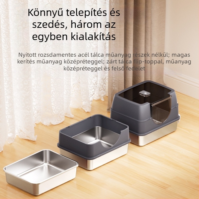 Zárt macskaalmotálca felnyitható fedővel, könnyen szétszedhető és tisztítható, cseppmentes, fém + műanyag, négyszögletes forma