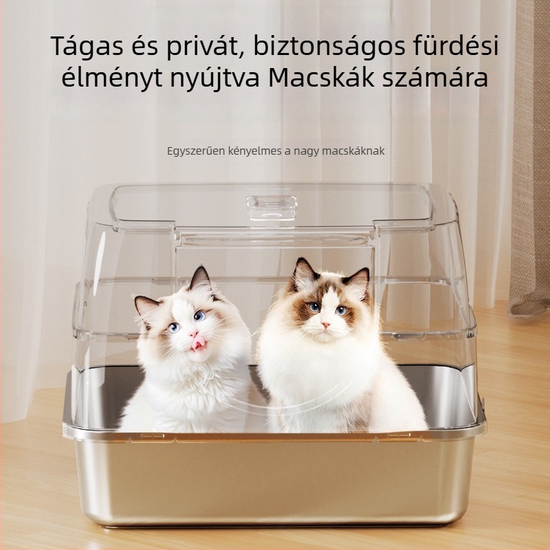 Zárt macskaalmotálca felnyitható fedővel, könnyen szétszedhető és tisztítható, cseppmentes, fém + műanyag, négyszögletes forma