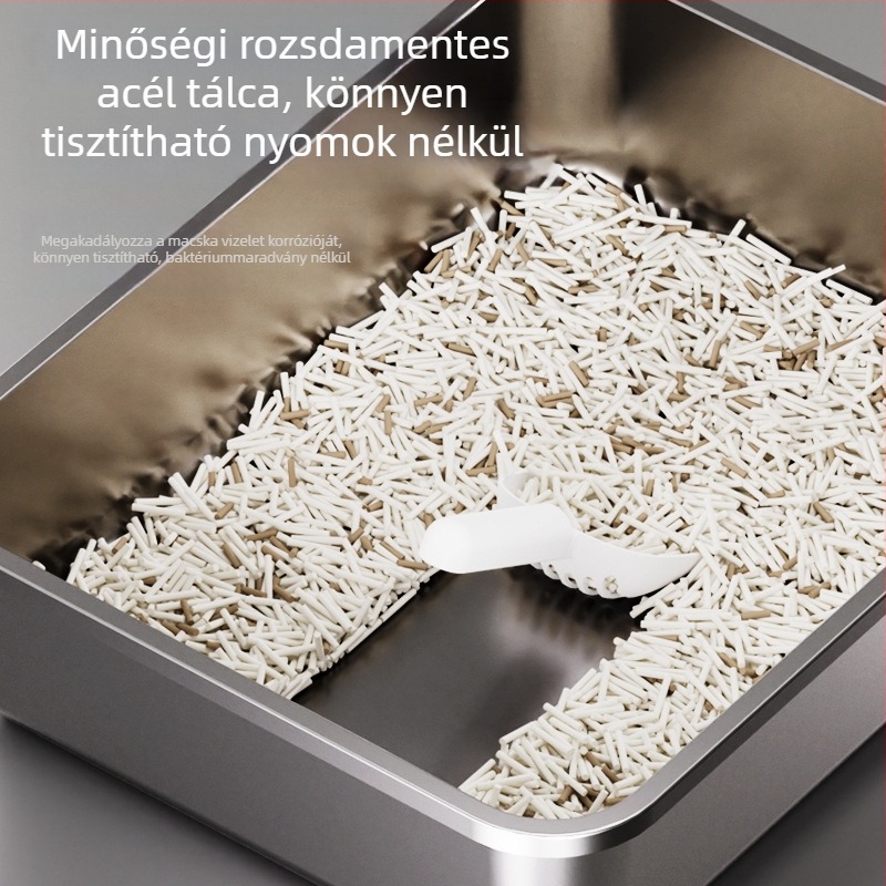 Zárt macskaalmotálca felnyitható fedővel, könnyen szétszedhető és tisztítható, cseppmentes, fém + műanyag, négyszögletes forma