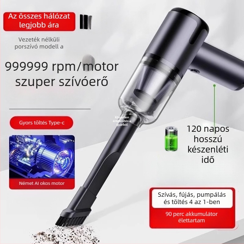Kézi autós porszívó vezeték nélküli töltéssel, erős szívás 11000 Pa, kompakt, 120 W bemeneti teljesítmény