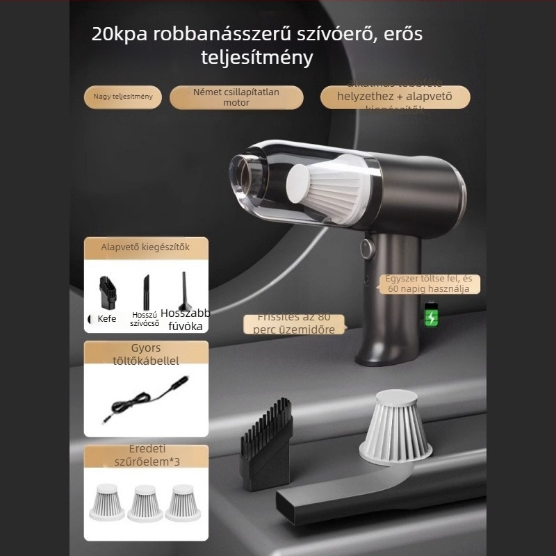 Kézi autós porszívó vezeték nélküli töltéssel, erős szívás 11000 Pa, kompakt, 120 W bemeneti teljesítmény