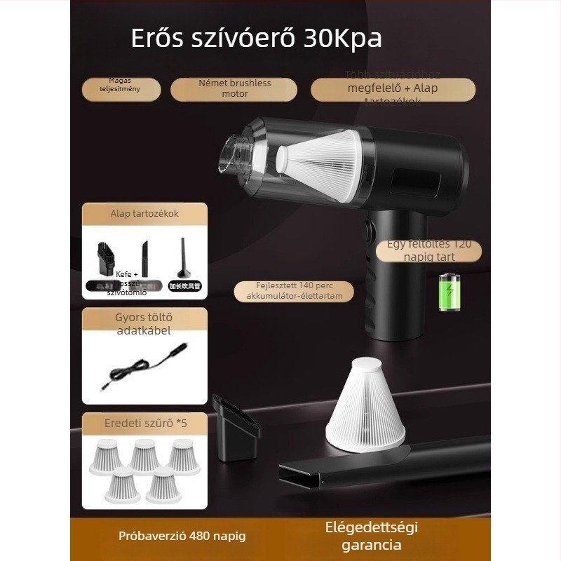 Kézi autós porszívó vezeték nélküli töltéssel, erős szívás 11000 Pa, kompakt, 120 W bemeneti teljesítmény